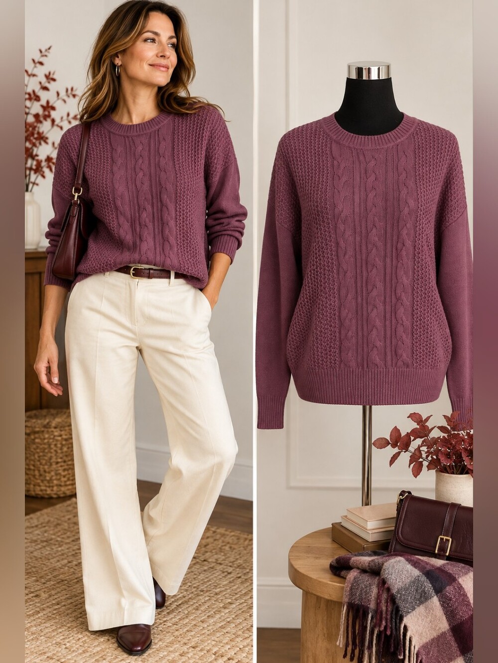 Banana Republic Cable Knit Sweater L Mauve Plum Cotton Blend